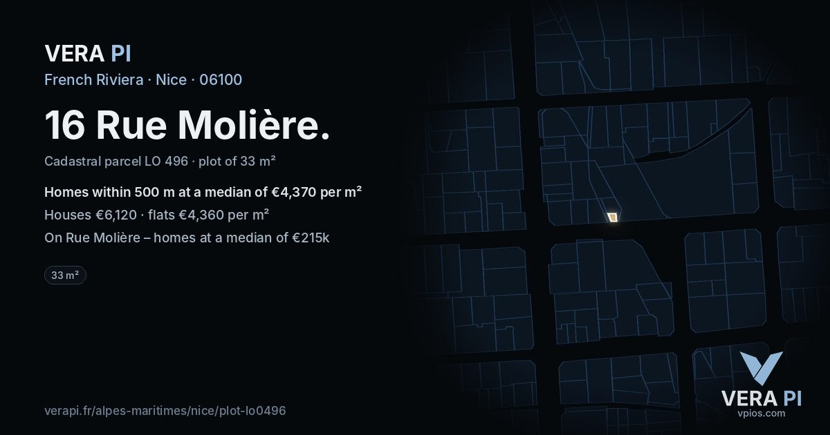 16 Rue Molière, Nice at night – the plot lit, the parcels around coloured by the prices near them