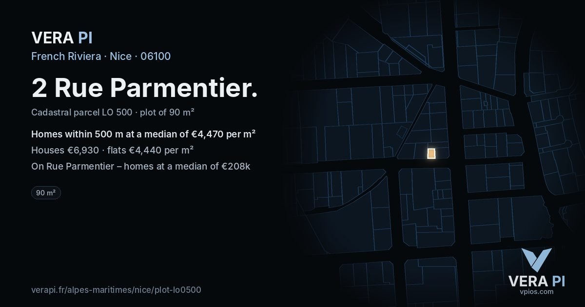 2 Rue Parmentier, Nice at night – the plot lit, the parcels around coloured by the prices near them