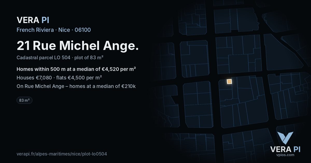 21 Rue Michel Ange, Nice at night – the plot lit, the parcels around coloured by the prices near them