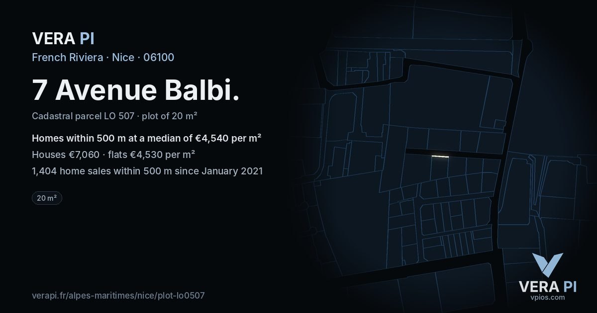 7 Avenue Balbi, Nice at night – the plot lit, the parcels around coloured by the prices near them