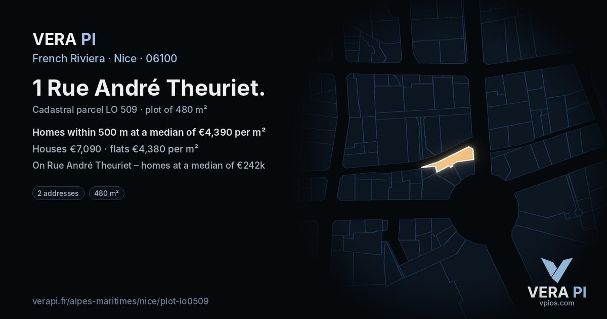 1 Rue André Theuriet, Nice at night – the plot lit, the parcels around coloured by the prices near them