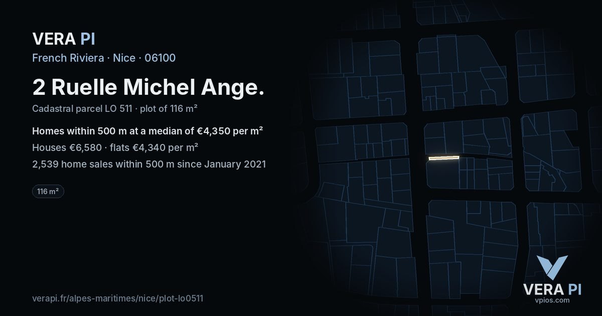 2 Ruelle Michel Ange, Nice at night – the plot lit, the parcels around coloured by the prices near them