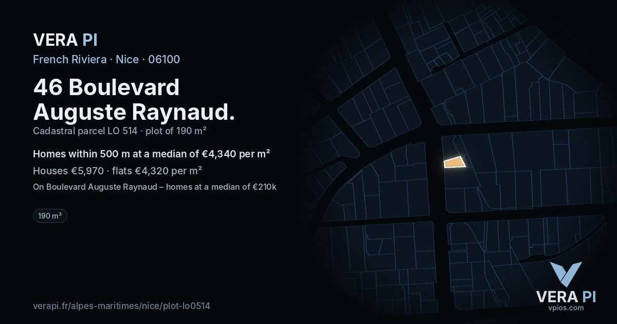 46 Boulevard Auguste Raynaud, Nice at night – the plot lit, the parcels around coloured by the prices near them
