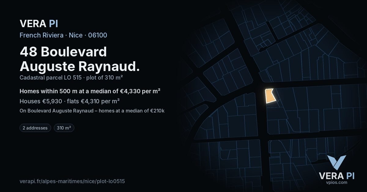 48 Boulevard Auguste Raynaud, Nice at night – the plot lit, the parcels around coloured by the prices near them