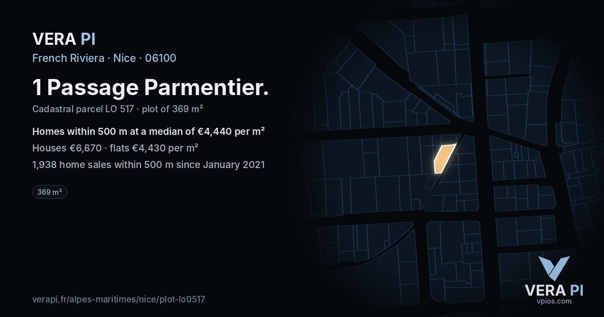 1 Passage Parmentier, Nice at night – the plot lit, the parcels around coloured by the prices near them