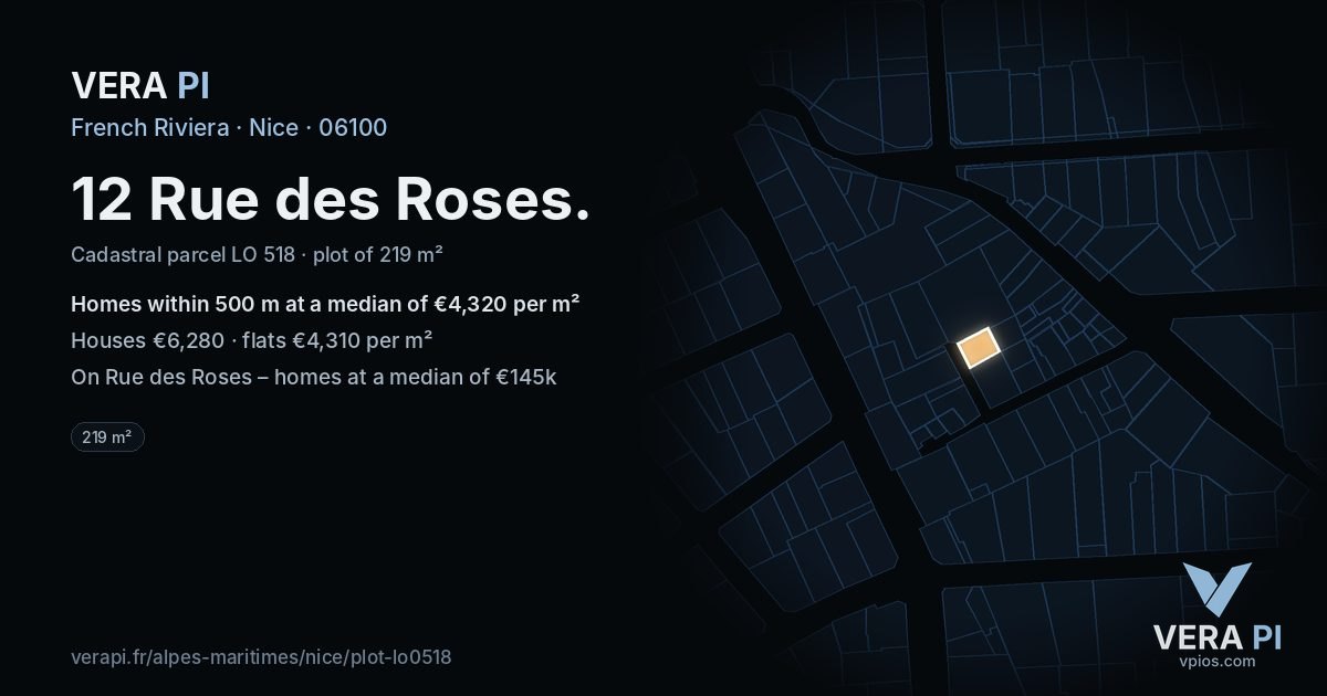 12 Rue des Roses, Nice at night – the plot lit, the parcels around coloured by the prices near them