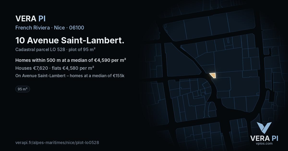 10 Avenue Saint-Lambert, Nice at night – the plot lit, the parcels around coloured by the prices near them