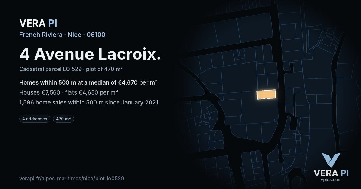 4 Avenue Lacroix, Nice at night – the plot lit, the parcels around coloured by the prices near them