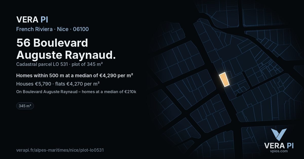 56 Boulevard Auguste Raynaud, Nice at night – the plot lit, the parcels around coloured by the prices near them