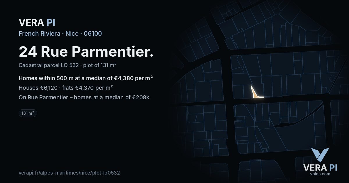 24 Rue Parmentier, Nice at night – the plot lit, the parcels around coloured by the prices near them