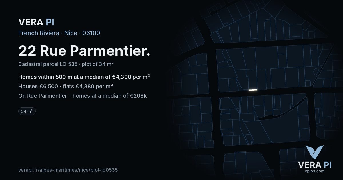 22 Rue Parmentier, Nice at night – the plot lit, the parcels around coloured by the prices near them