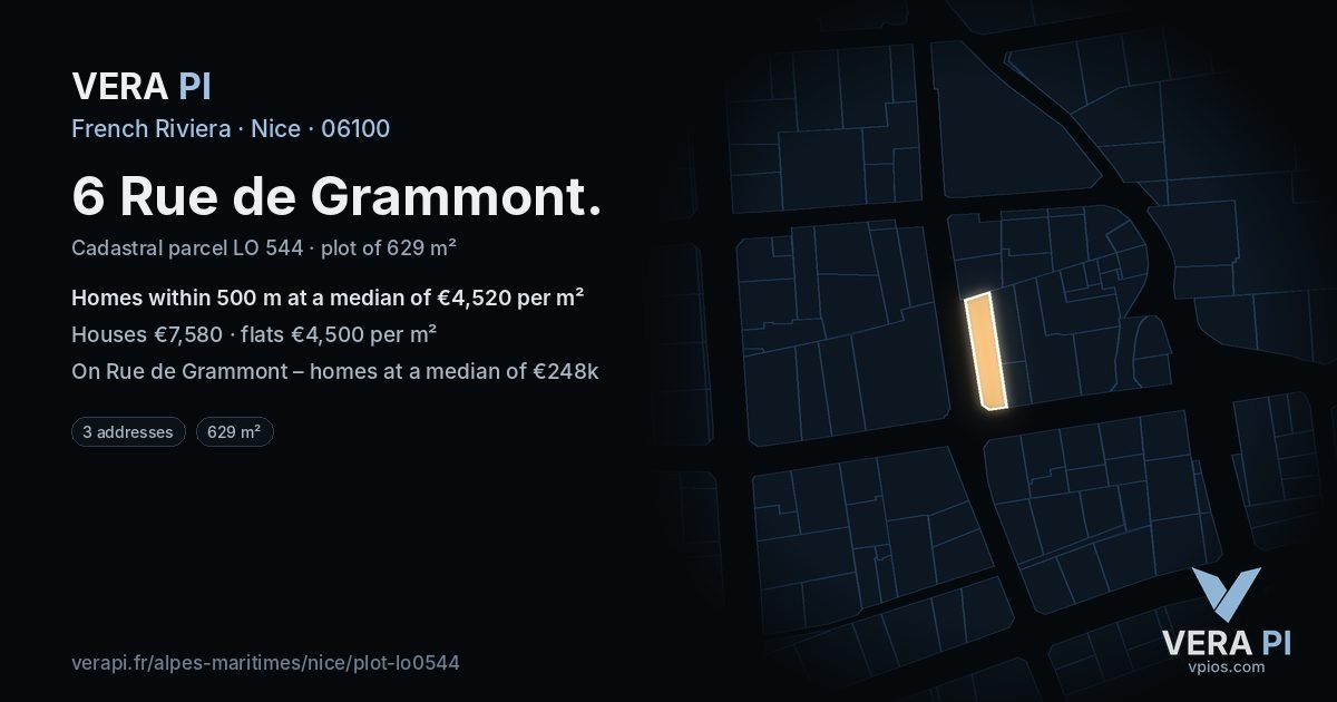 6 Rue de Grammont, Nice at night – the plot lit, the parcels around coloured by the prices near them