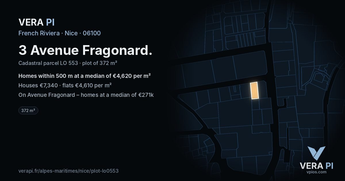 3 Avenue Fragonard, Nice at night – the plot lit, the parcels around coloured by the prices near them