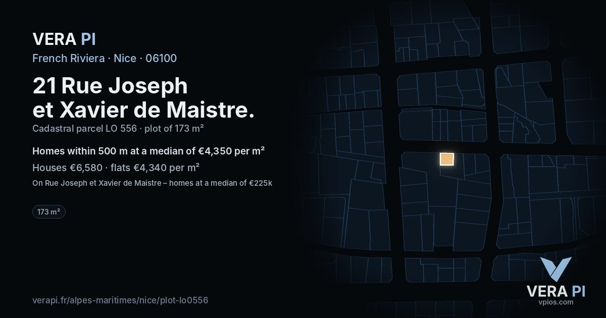 21 Rue Joseph et Xavier de Maistre, Nice at night – the plot lit, the parcels around coloured by the prices near them