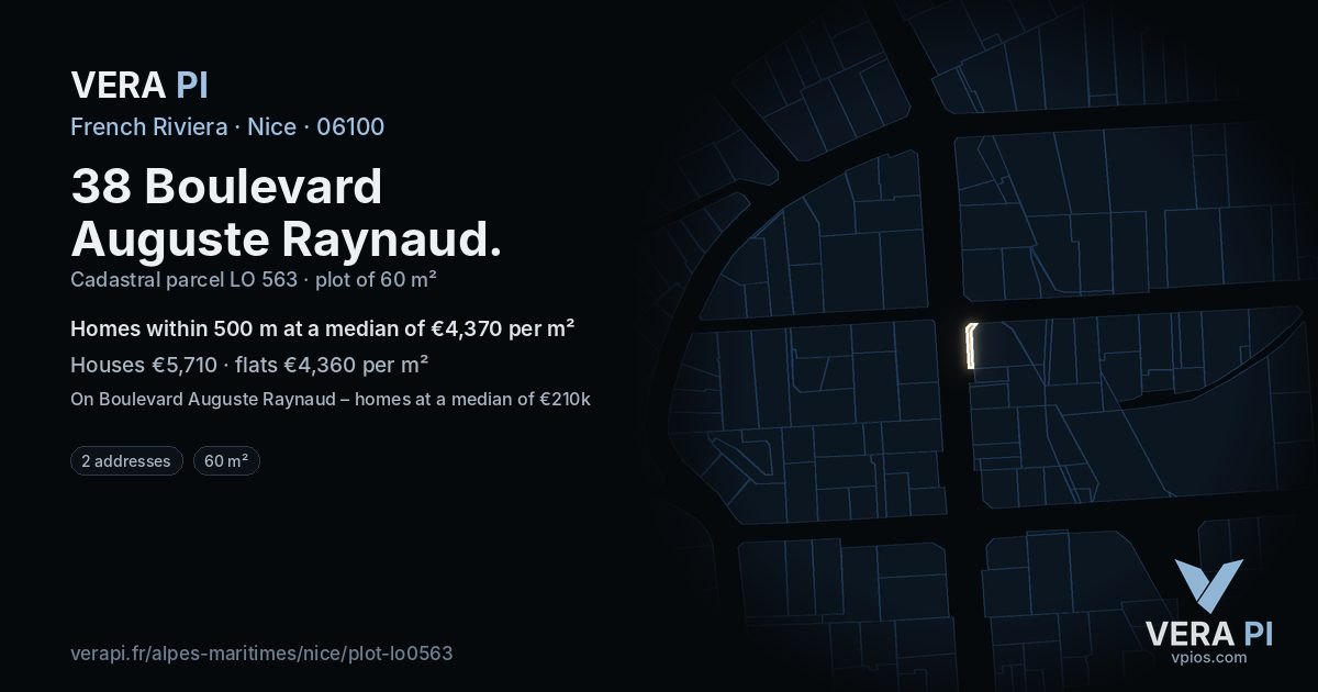 38 Boulevard Auguste Raynaud, Nice at night – the plot lit, the parcels around coloured by the prices near them