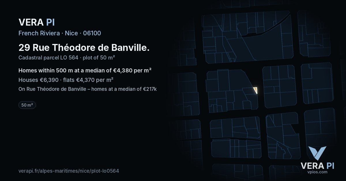 29 Rue Théodore de Banville, Nice at night – the plot lit, the parcels around coloured by the prices near them