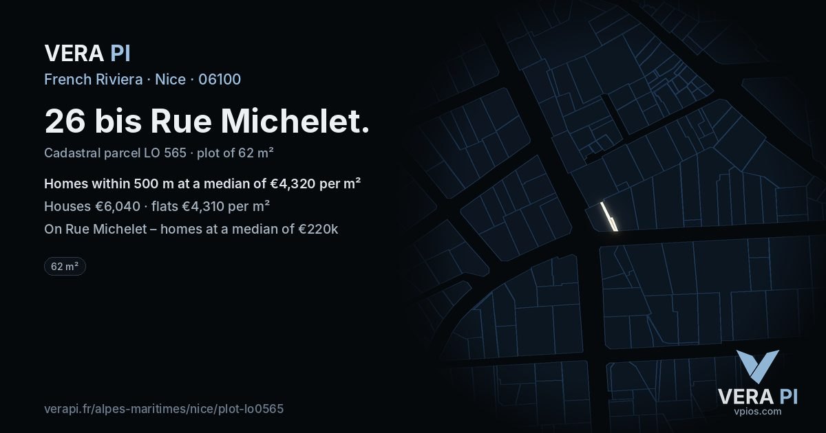 26 bis Rue Michelet, Nice at night – the plot lit, the parcels around coloured by the prices near them