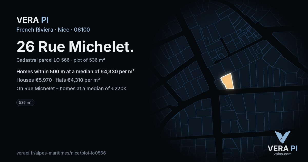 26 Rue Michelet, Nice at night – the plot lit, the parcels around coloured by the prices near them