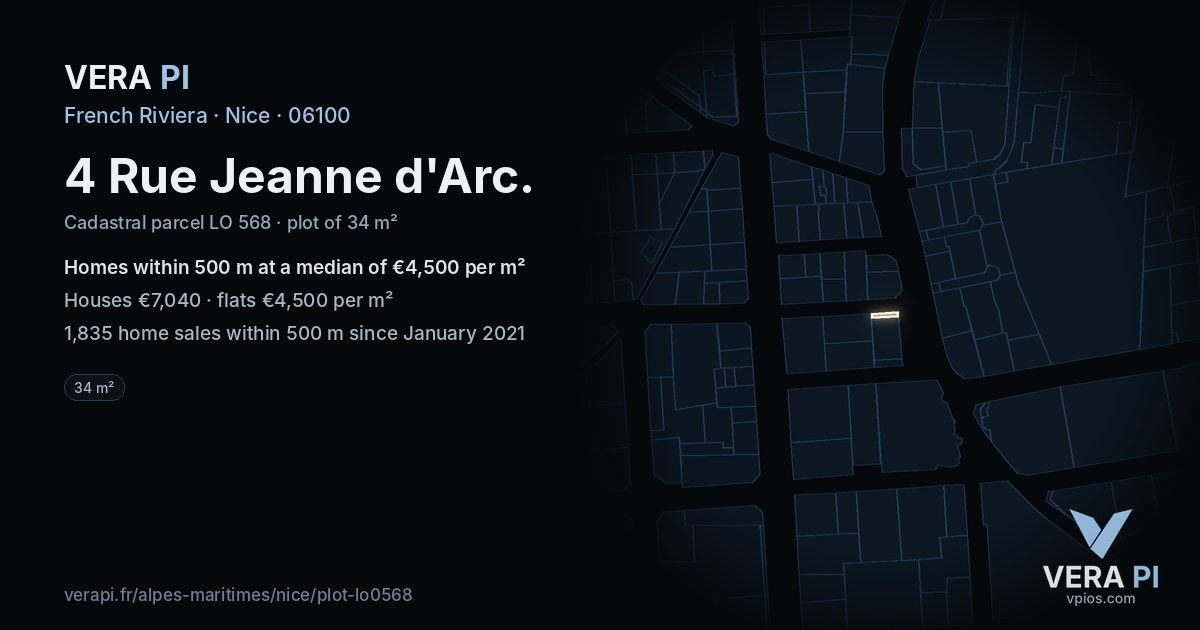 4 Rue Jeanne d'Arc, Nice at night – the plot lit, the parcels around coloured by the prices near them