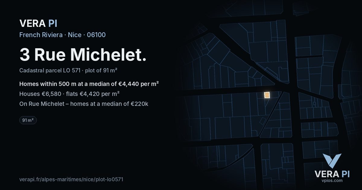3 Rue Michelet, Nice at night – the plot lit, the parcels around coloured by the prices near them