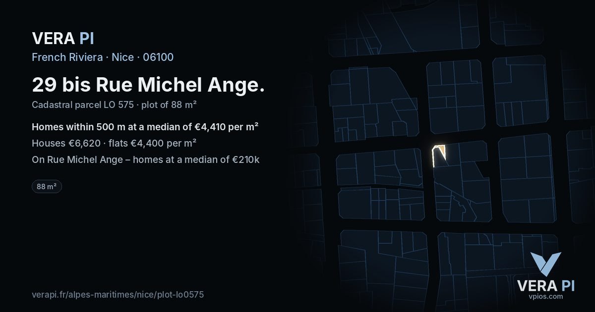 29 bis Rue Michel Ange, Nice at night – the plot lit, the parcels around coloured by the prices near them