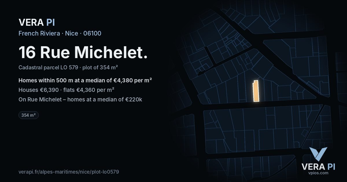 16 Rue Michelet, Nice at night – the plot lit, the parcels around coloured by the prices near them