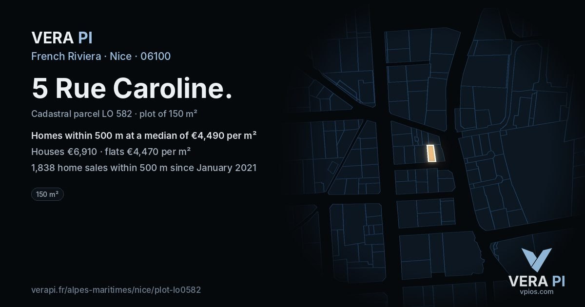 5 Rue Caroline, Nice at night – the plot lit, the parcels around coloured by the prices near them