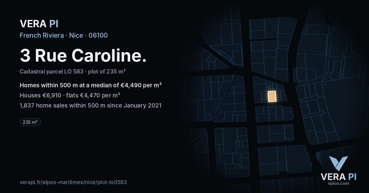 3 Rue Caroline, Nice at night – the plot lit, the parcels around coloured by the prices near them