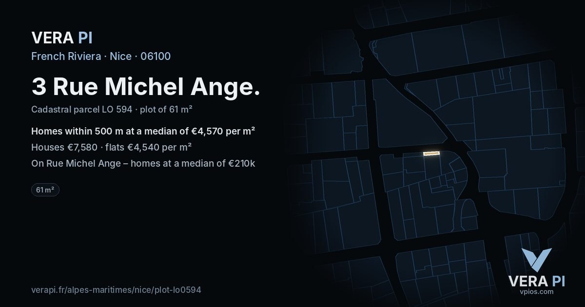 3 Rue Michel Ange, Nice at night – the plot lit, the parcels around coloured by the prices near them