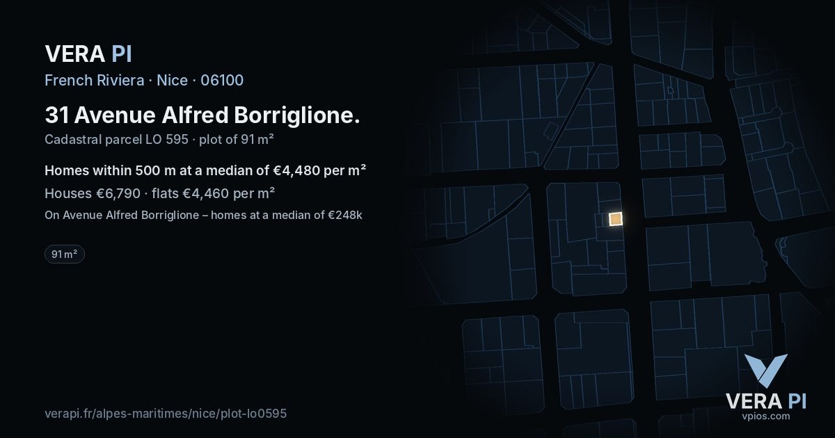 31 Avenue Alfred Borriglione, Nice at night – the plot lit, the parcels around coloured by the prices near them