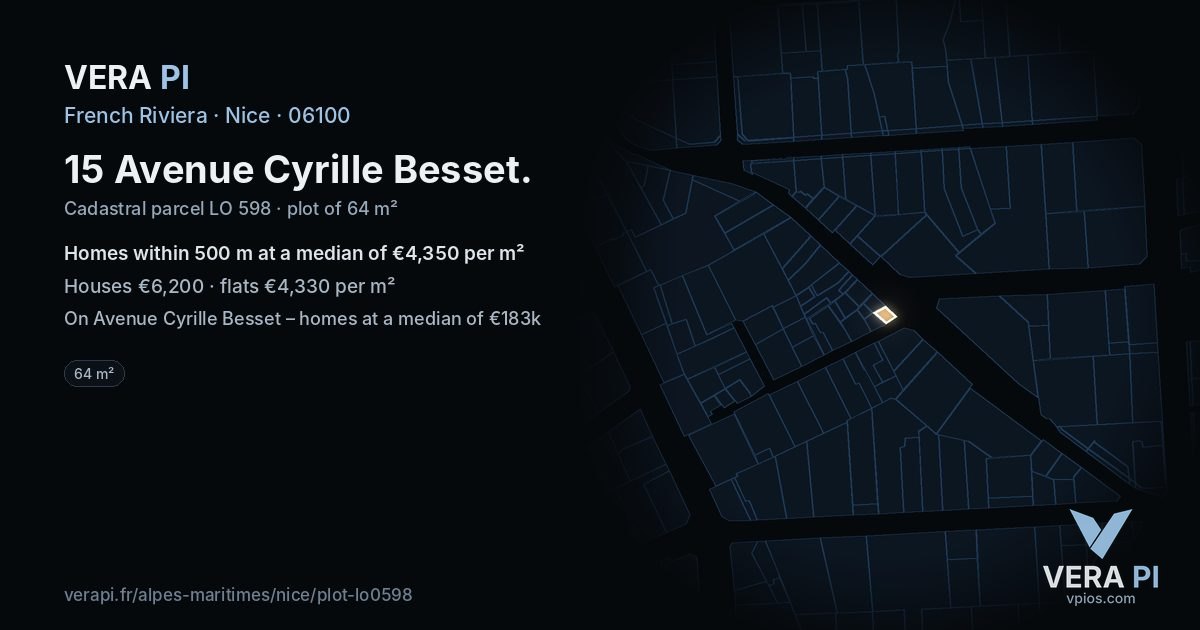 15 Avenue Cyrille Besset, Nice at night – the plot lit, the parcels around coloured by the prices near them