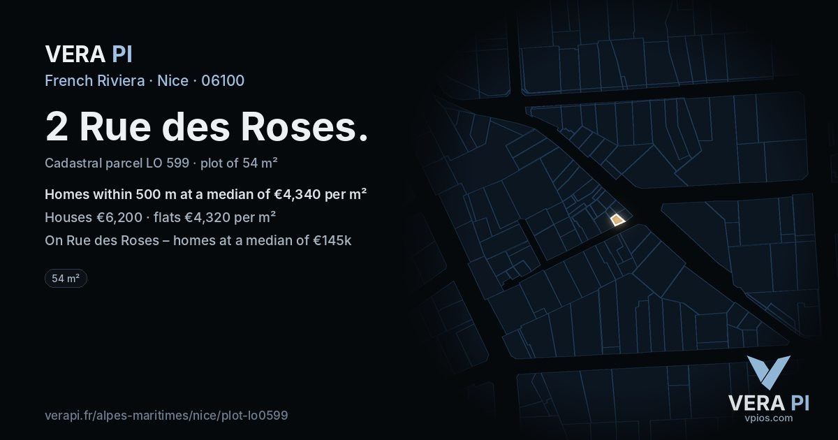 2 Rue des Roses, Nice at night – the plot lit, the parcels around coloured by the prices near them