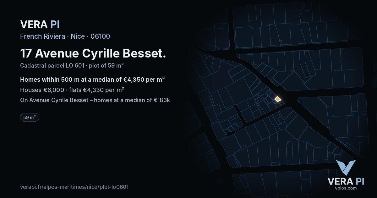 17 Avenue Cyrille Besset, Nice at night – the plot lit, the parcels around coloured by the prices near them