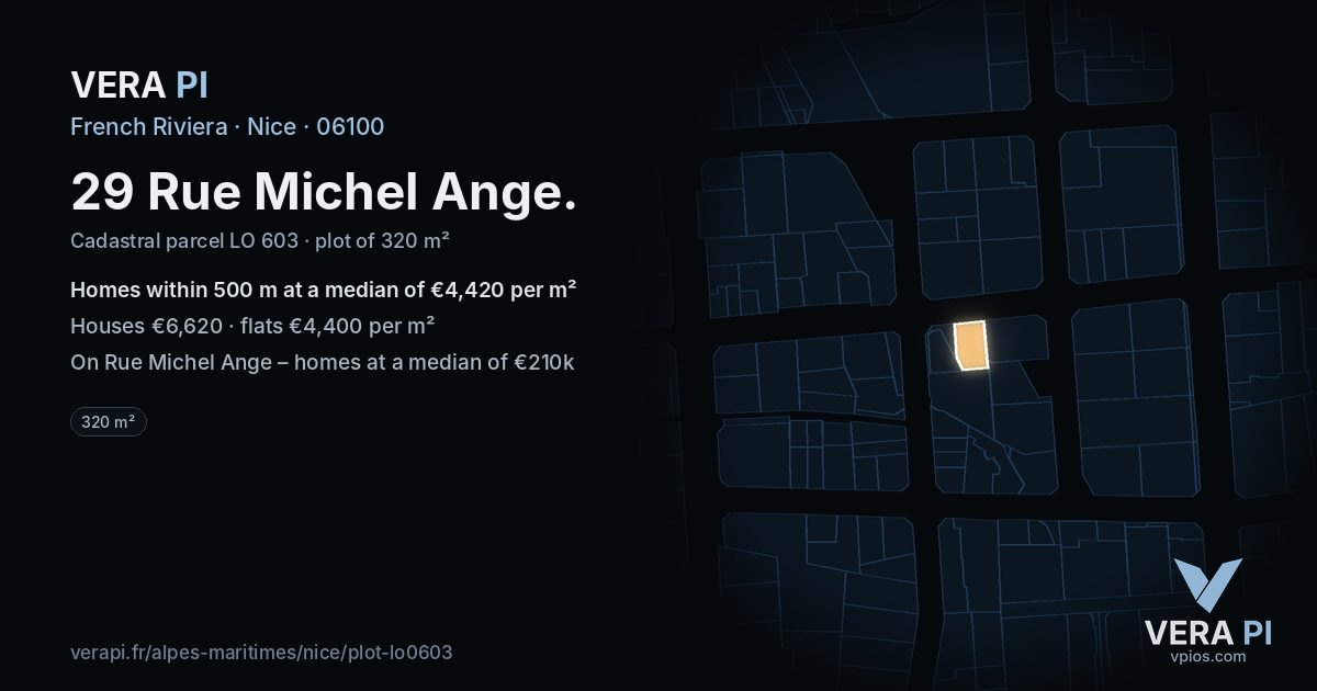 29 Rue Michel Ange, Nice at night – the plot lit, the parcels around coloured by the prices near them