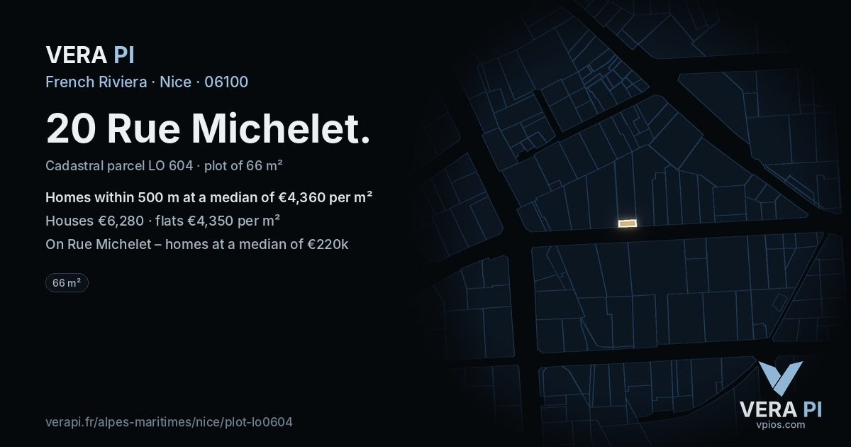 20 Rue Michelet, Nice at night – the plot lit, the parcels around coloured by the prices near them