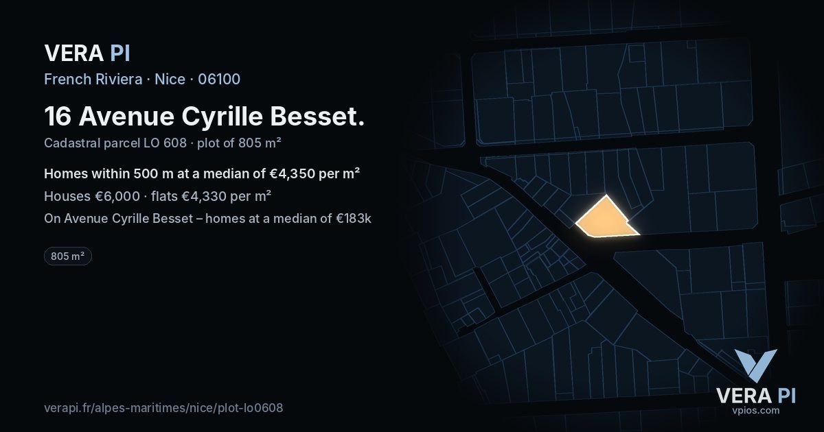 16 Avenue Cyrille Besset, Nice at night – the plot lit, the parcels around coloured by the prices near them