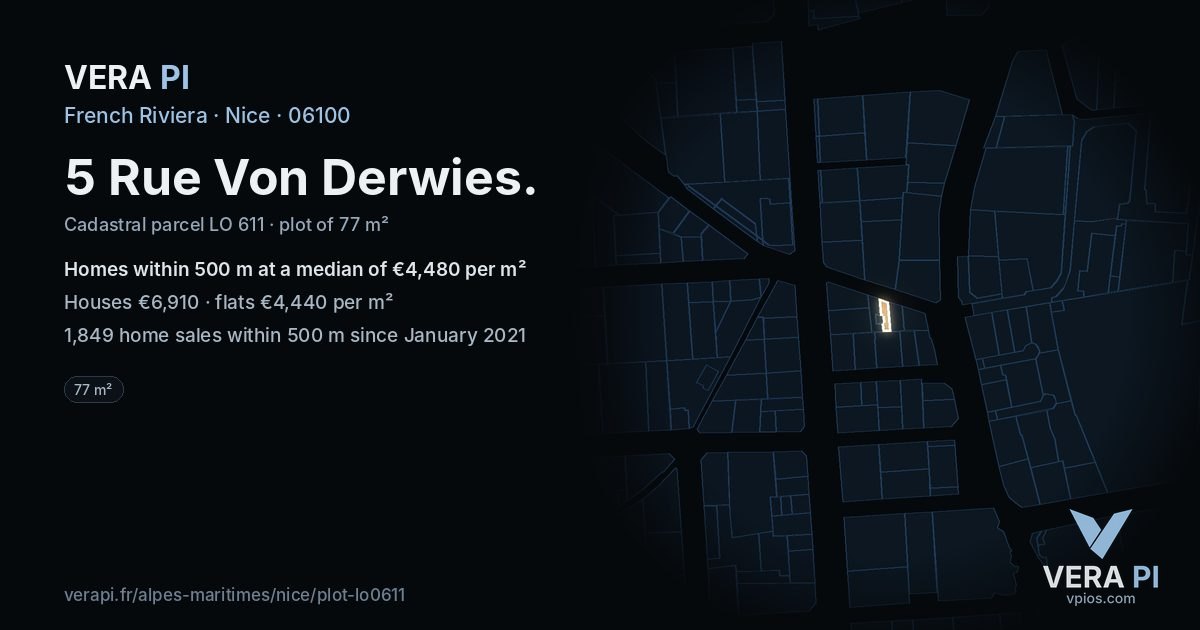 5 Rue Von Derwies, Nice at night – the plot lit, the parcels around coloured by the prices near them
