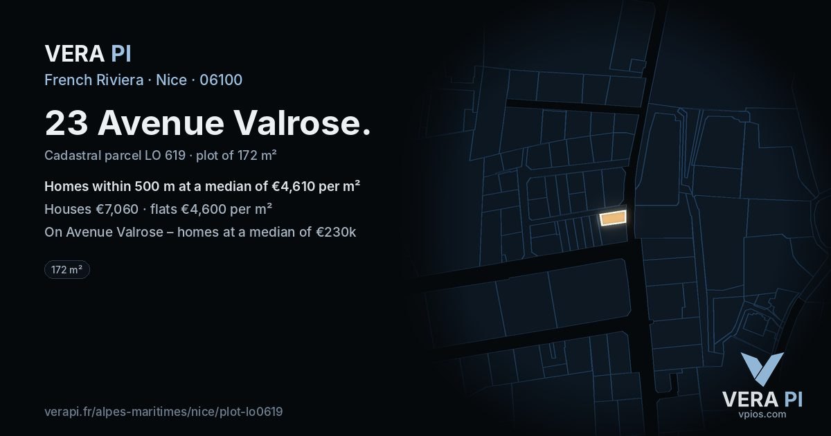 23 Avenue Valrose, Nice at night – the plot lit, the parcels around coloured by the prices near them