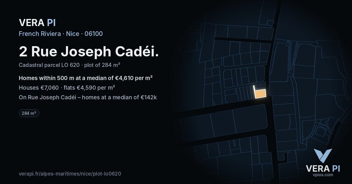 2 Rue Joseph Cadéi, Nice at night – the plot lit, the parcels around coloured by the prices near them