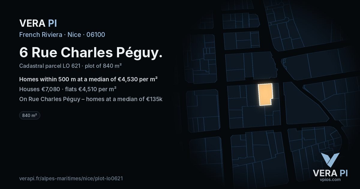 6 Rue Charles Péguy, Nice at night – the plot lit, the parcels around coloured by the prices near them