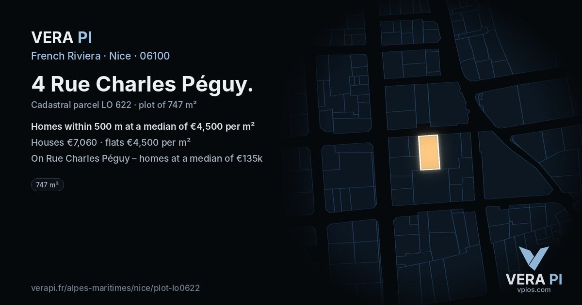 4 Rue Charles Péguy, Nice at night – the plot lit, the parcels around coloured by the prices near them
