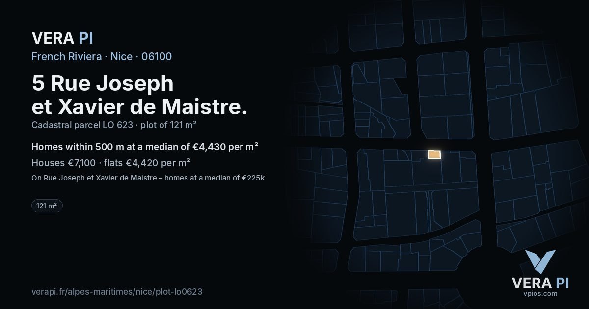 5 Rue Joseph et Xavier de Maistre, Nice at night – the plot lit, the parcels around coloured by the prices near them