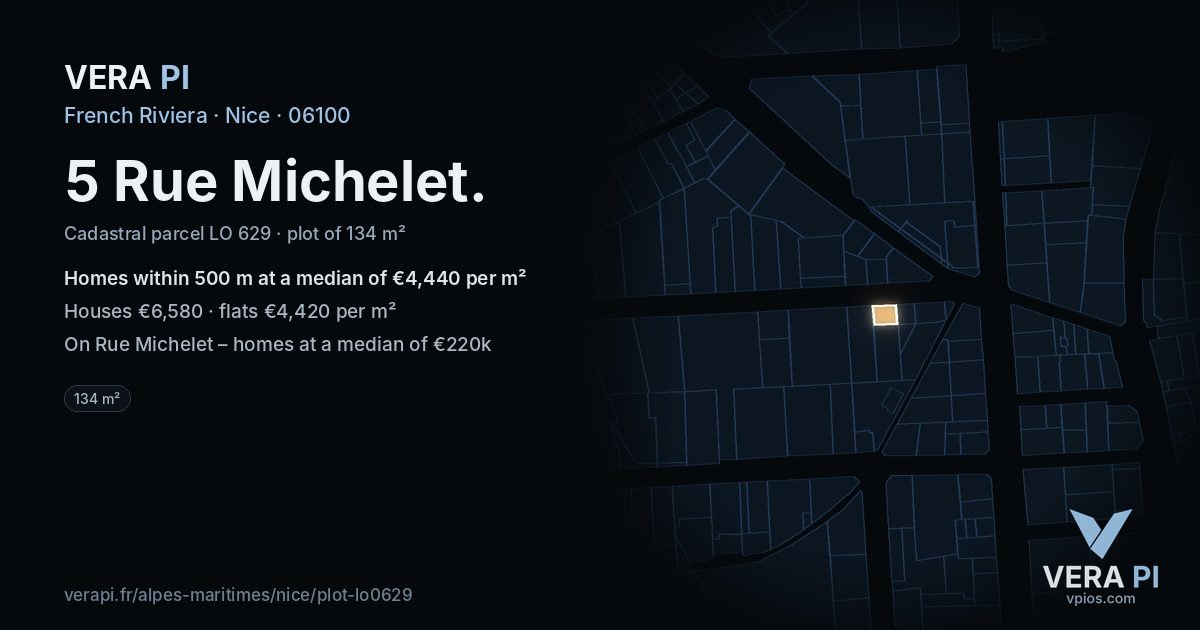 5 Rue Michelet, Nice at night – the plot lit, the parcels around coloured by the prices near them