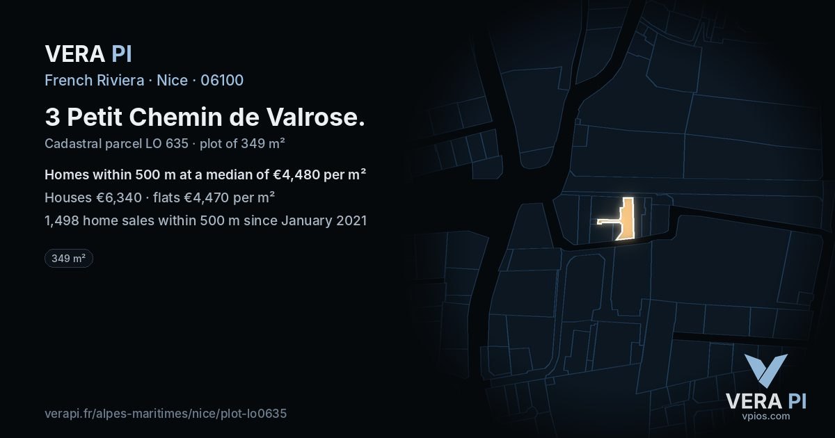 3 Petit Chemin de Valrose, Nice at night – the plot lit, the parcels around coloured by the prices near them