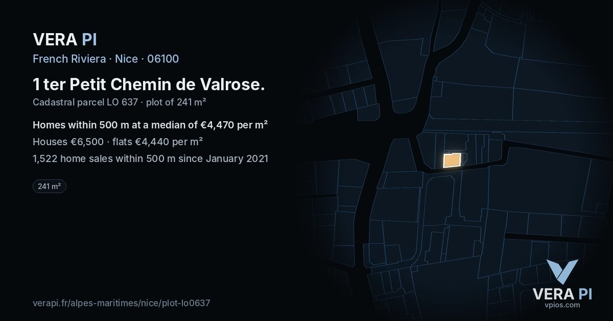 1 ter Petit Chemin de Valrose, Nice at night – the plot lit, the parcels around coloured by the prices near them