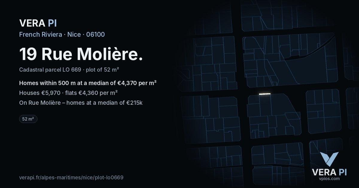 19 Rue Molière, Nice at night – the plot lit, the parcels around coloured by the prices near them