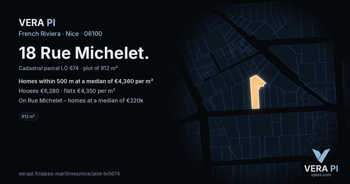 18 Rue Michelet, Nice at night – the plot lit, the parcels around coloured by the prices near them