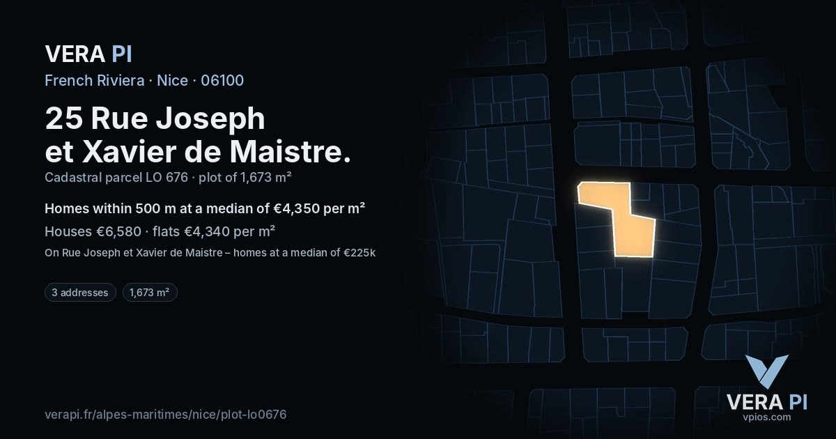 25 Rue Joseph et Xavier de Maistre, Nice at night – the plot lit, the parcels around coloured by the prices near them