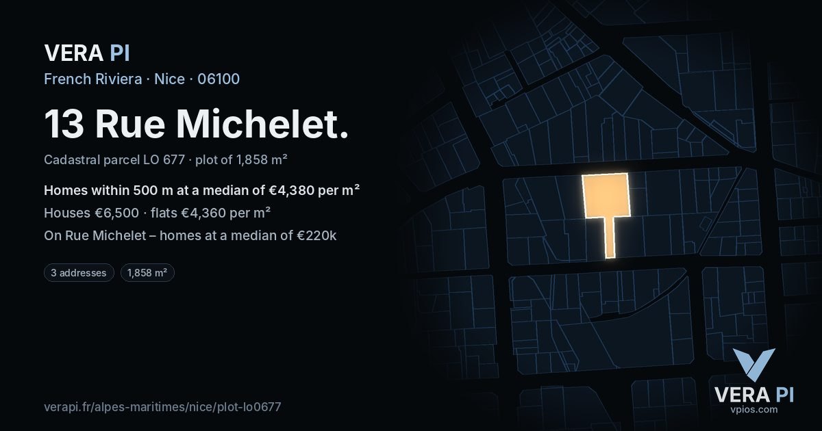 13 Rue Michelet, Nice at night – the plot lit, the parcels around coloured by the prices near them