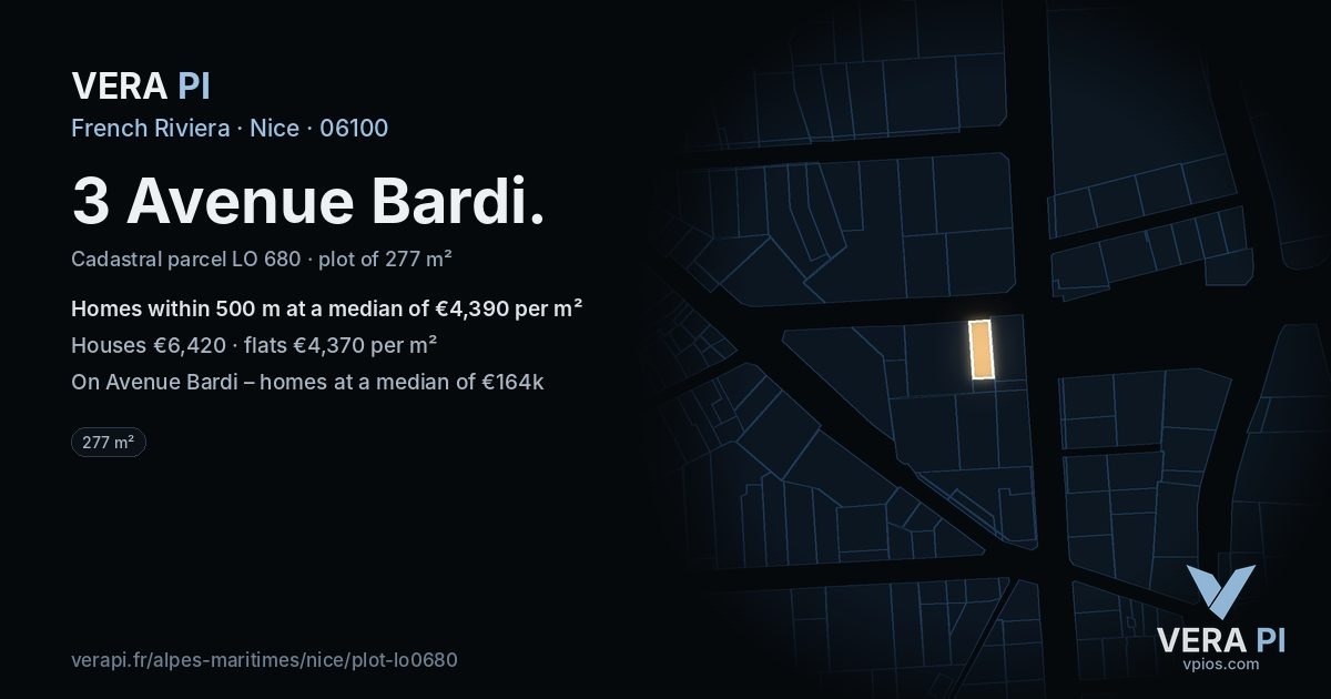 3 Avenue Bardi, Nice at night – the plot lit, the parcels around coloured by the prices near them